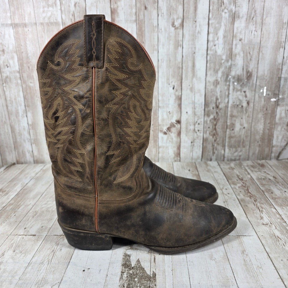 Mens Distressed Brown Leather Western Cowboy Boots Round‎ Toe Stitched Details